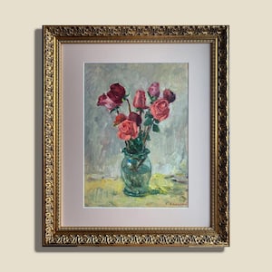 Bodegón de rosas en un jarrón – Pintura ucraniana vintage original - Artista ucraniano Grygory Vasezky