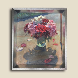 SELTENE 1950er Jahre Blumen Ölgemälde Rosenstrauß – Vintage Kunst des Ukrainischen Künstlers, Unikat, Wanddekoration für Sammler, Künstler Tkachenko E.