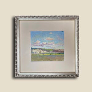Original Oil Painting – Blue Sky and Trees Landscape – Vintage Ukrainian Art – Rustic Wall Decor – Small Framed Art – 1970s – Yablonska O.