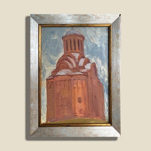 Vintage Landscape of Church, Original Painting Oil 1960s, Ukrainian Artist Shyrokov V.