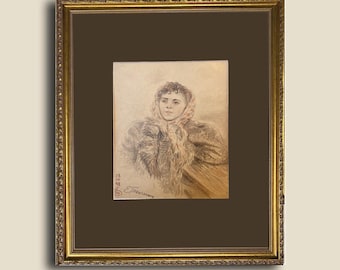 Vintage Woman in Fur Coat Original Pencil Drawing 1948, Original Ukrainian Art, Artist Tkachenko
