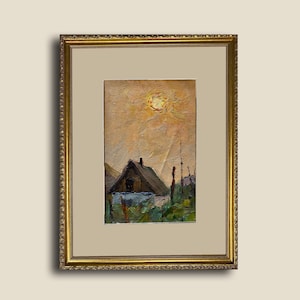 Paisaje rural Puesta de sol Óleo de mediados de siglo Pintura original vintage Arte ucraniano de los años 50