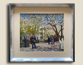 vintage paysage urbain original du milieu du siècle peinture encadrée printemps dans la ville peinture moderniste des années 1950 cadeau fête des mères art ukrainien