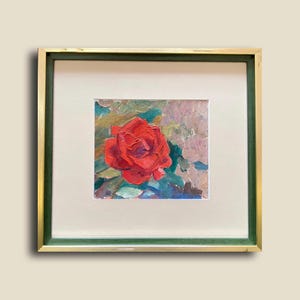 Pintura al óleo original: Rosa en el jardín. Paisaje floral. Escena romántica de jardín. Decoración de pared única. Arte impresionista.