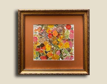 Vintage Abstract Autumn Painting by Ukrainian Artist - Original Artwork in Golden Frame - 1980s - 33x35 cm