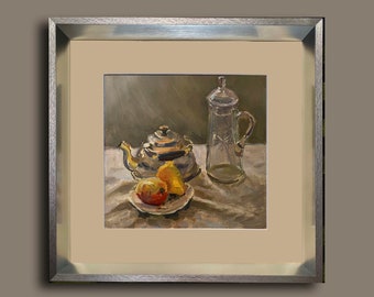 Stilleven theepot karaf en fruit originele oliefoto Vintage 1953 schilderij Moederdag aanwezig Oekraïense kunstenaar Tkachenko Evgeniy