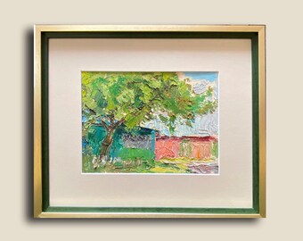 Rural landscape parental home original oil painting Ukrainian vintage artwork Countryside picture Ukrainian artist Yablonska Olena