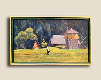 Landscape rural original oil Vintage painting 1970s Countryside Ukrainian landscape Karpaty village Ukrainian artist Schatalin Victor