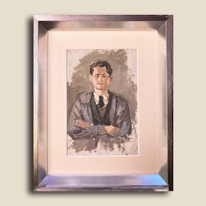 Retrato masculino original, pintura al óleo vintage enmarcada, década de 1970, retrato de hombre, imagen de bellas artes ucraniana, artista ucraniano