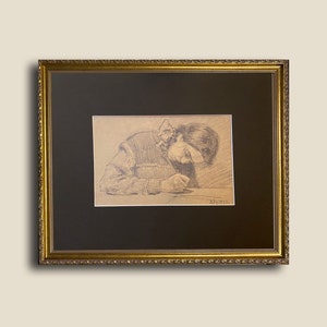 Original 1950s Drawing – Girl Drawing on Paper – Vintage Ukrainian Sketch – Framed Pencil Art – Child in Focus – Ukrainian artist Tkachenko