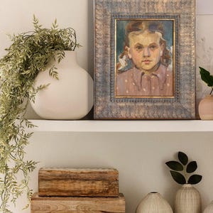 Retrato vintage de una niña, pintura al óleo ucraniana sobre cartón, 1961, original de Evgeniy Tkachenko, obra de arte infantil enmarcada.