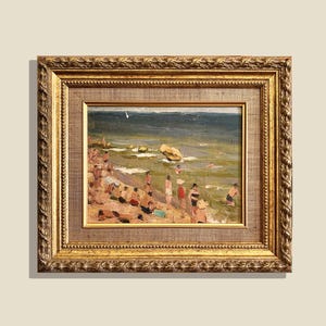 Pintura vintage de la playa de Odessa – Arte ucraniano – Escena costera de los años 50 – Óleo sobre cartón enmarcado – Arte costero de la era soviética
