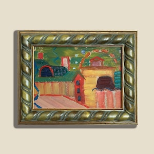 Pintura de paisagem de conto de fadas vintage, óleo original pequeno sobre papelão, 1963, cena de aldeia colorida, arte ucraniana de Evgeniy Tkachenko