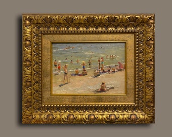 Nuotatori Seascape sulla spiaggia di Odessa Dipinto vintage 1953 Paesaggio ucraino originale Seashore sull'immagine dell'artista ucraino Tkachenko