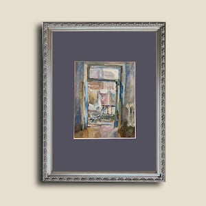 May include: A framed painting depicting a view from a doorway. The painting is done in a loose, impressionistic style with muted colors. The view shows a balcony with laundry hanging on a line, and a glimpse of a building in the distance.