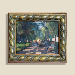Pintura de paisagem urbana ucraniana vintage, cena do parque de Odessa, 1957 – óleo original sobre papelão – beco de verão com pessoas – arte de Evgeniy Tkachenko