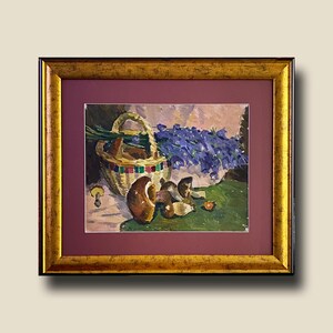 ORIGINAL Still life mushrooms and flowers Vintage artwork 1970s
