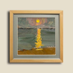 Vintage Ölgemälde – Ukrainische Kunst – 1960 – Sonnenaufgang über dem Meer – Kleine Landschaft in Gelb Blau – Originale Wanddekoration