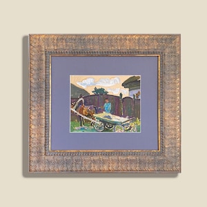 Ukrainische Originale Vintage Dorf Landschaft – Pferd und Wagen, 1979 Ölgemälde – Eingerahmt, Ukrainisches Kunstwerk von Volobuev Evgen