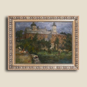 Landscape with Church oil original Vintage painting 1973 The Berdychiv Carmelite Monastery Ukrainian artist Petrashevsky S.
