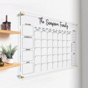 Acryl familieplanner | Gepersonaliseerde maandkalender | Droog wisbord | Wandkalender met stift | GOUD Tekstoptie | Gratis verzending