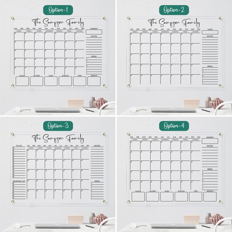 Variations for an acrylic family wall calendar planner.