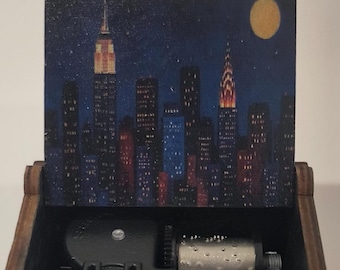New Yorkse muziekdoos, Frank Sinatra houten handgemaakte woondecoraties Kerstmis, jaren 90 muziek, oudjes, Frank Sinatra