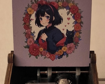 Pudełko z muzyką anime, grawerowane pudełko z drewna, ręcznie robione ozdoby do domu, prezenty świąteczne, romantyczna przyjaźń, nastoletnia czarownica, czarny kot, lata 90., Kiki