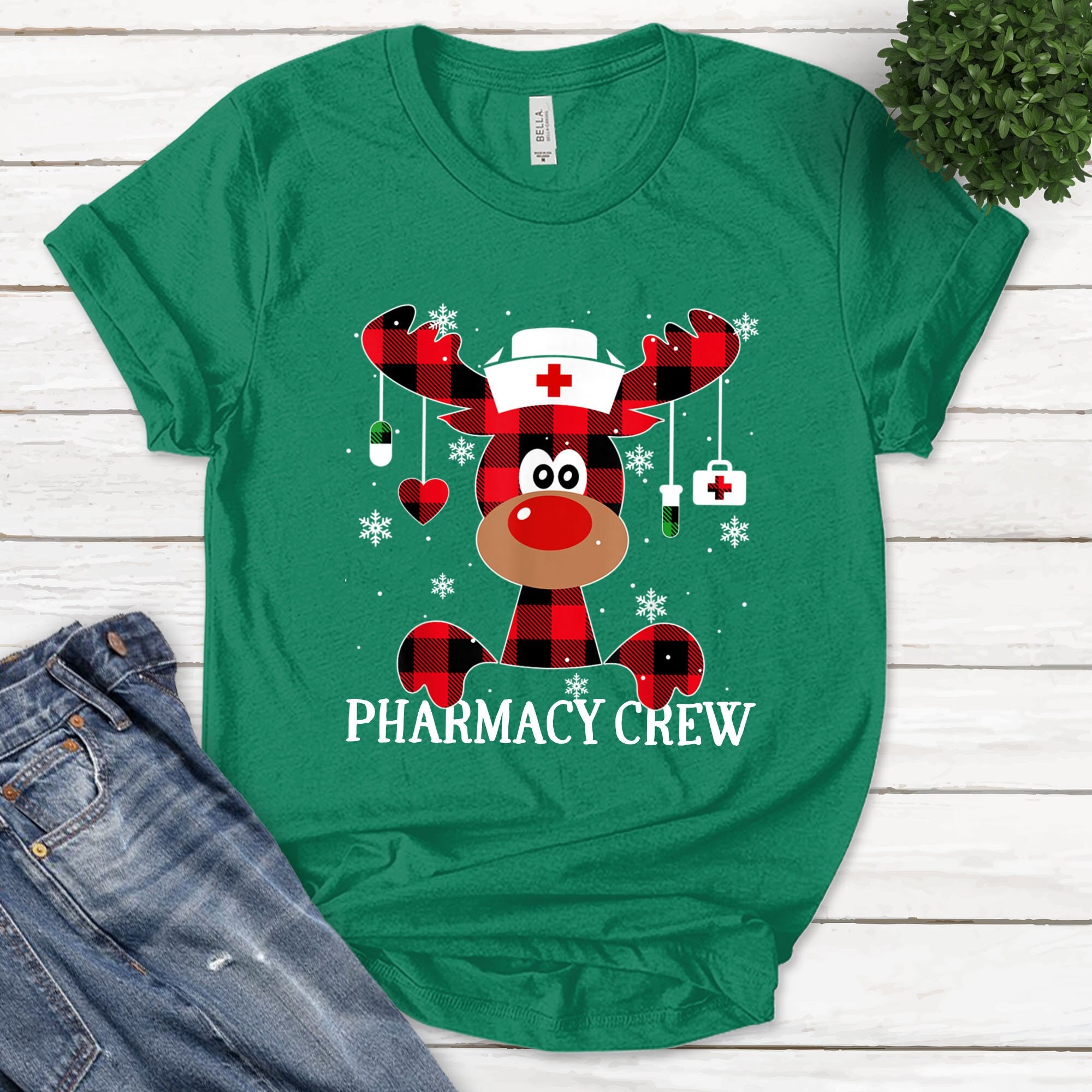 Discover Funny Red Plaid Reindeer Pharmacy Crew Christmas Tee