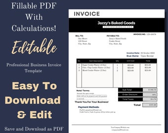 Fillable Invoice Form | Editable PDF | Automatically Calculates Totals | Business Fillable Invoice PDF | Instant Download PDF Invoice