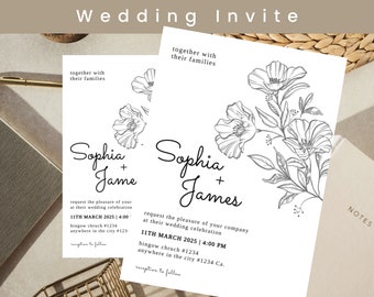 Wedding Invitation Template| Leaf Monogram Border| Elegant Wedding Monogram| Invitation Suite Printable | Editable Minimalist Wedding Invite