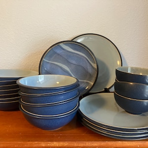 Denby Pottery Discontinued Blue Jetty Stoneware-Dinner Plates/ Pasta Bowls/ Soup Bowls/Rice Bowls & Blue Jetty Water Salad Plates- Sets of 2