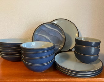 Denby Pottery Discontinued Blue Jetty Stoneware-Dinner Plates/ Soup Bowls/Rice Bowl & Blue Jetty Water Salad Plates