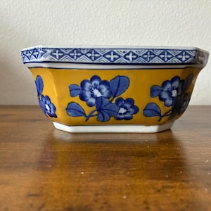 Vintage Oblong Ceramic Planter Cache Pot, Blue and White Floral Design on Marigold Background