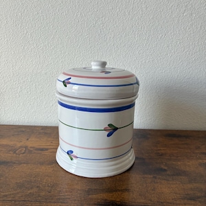 May include: White ceramic jar with a lid, adorned with horizontal stripes in blue, pink, and red. Delicate floral accents in blue and green are spaced around the jar. The jar sits on a wooden surface.