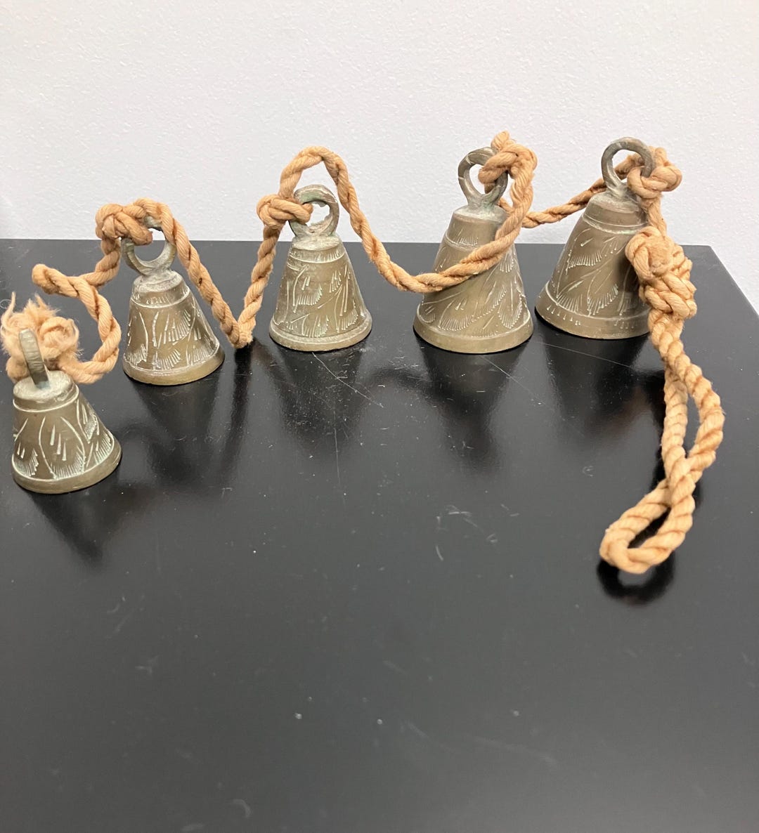 5 Vintage Brass Etched Bells of Sarna India on Rope, Holiday Bells on ...