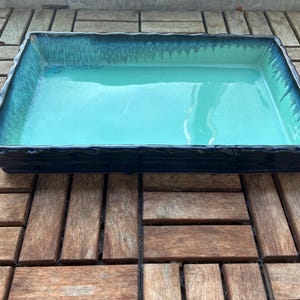 Vintage Large Low Black and Navy Rectangular Suiban Ikebana Vase With Blue Glaze Inside