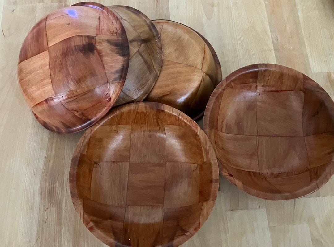 Retro Set of 5 Vintage Parquet Weavewood Round Salad Bowls Etsy