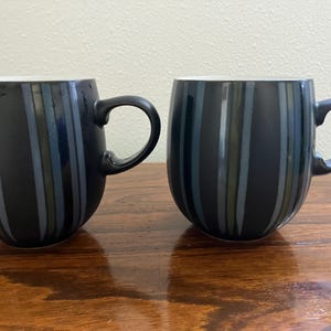 Denby-Langley Pottery Jet Stripes Curved Mugs, Retired Denby Stoneware Coffee Cups