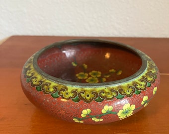 Vintage Chinese Cloisonne Bowl, Brick Red Cloisonne Bowl with Flower Design