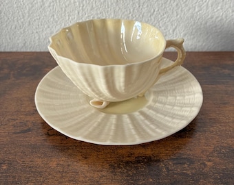 Vintage Belleek Neptune Porcelain Footed Teacup and Saucer Set