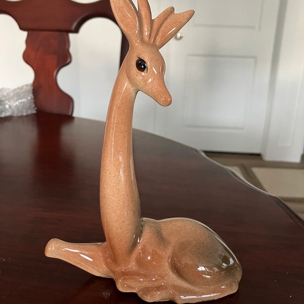 Midcentury Antelope Figurine Pottery Sculpture Porcelain Deer Gazelle Laying Down--SALE