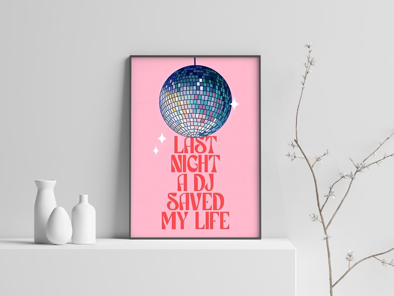 Last Night a DJ Saved My Life Discoball Print Lyrics Art Record Player Accessories Mental Health