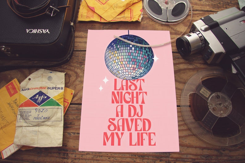 Last Night a DJ Saved My Life Discoball Print Lyrics Art Record Player Accessories Mental Health