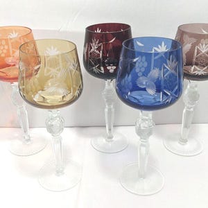 Bohemian Cut to Clear Crystal Colored Glasses Lot of 5