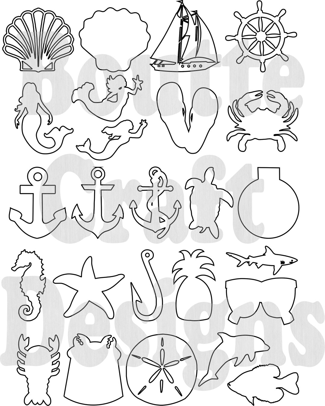 Sea Ocean SVG File Download, Nautical Beach SVG Bundle Outline Files