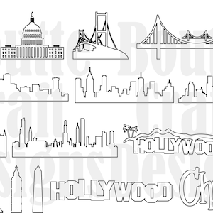 Edificios SVG File Download, New York Bridge SVG Bundle Outline Files, Hollywood EPS Design Download, Chicago Laser Dxf Files, Door Hangers