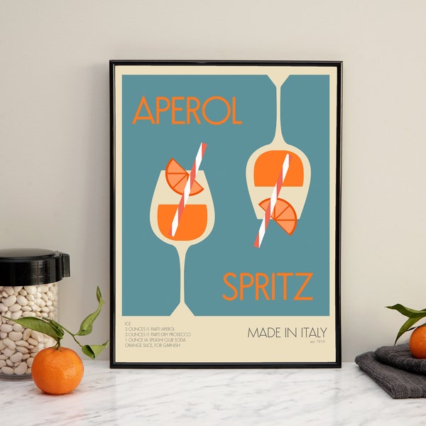 Aperol Spritz Printable Poster, Retro Drink Poster, Kitchen Downloads, Digital Downloads, Kitchen Decor, Bar decor, Cute Kitchen Bar Art