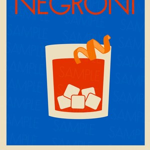 May include: A vintage-style poster for a Negroni cocktail. The poster features a glass of Negroni with ice cubes and an orange peel garnish. The text on the poster reads "Negroni" and "Made in Italy, est. 1919".