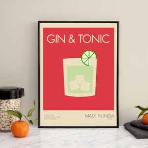 Gin-tonic afdrukbare poster, retro drankposter, keukendownloads, digitale downloads, keukendecor, bardecor, schattige keukenbarkunst